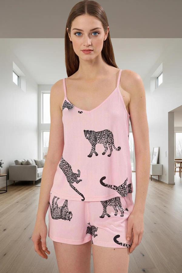 Kadın Hayvan Desenli İnce Askılı Pijama Takımı Rahat Örme Kumaştan Özel Tasarım - Image 1