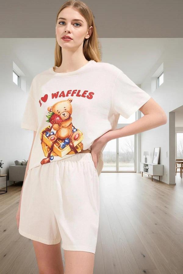 Kadın Ayıcıklı Desenli Pamuklu Kısa Kollu Pijama Takımı Rahat Ev Giyim Profesyonel Görünüm - Image 1