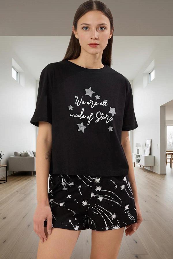 Kadın Kısa Kollu Bisiklet Yaka Pamuklu Pijama Takımı Şık Görünüm Mükemmel Uyum Modern Stil - Image 1