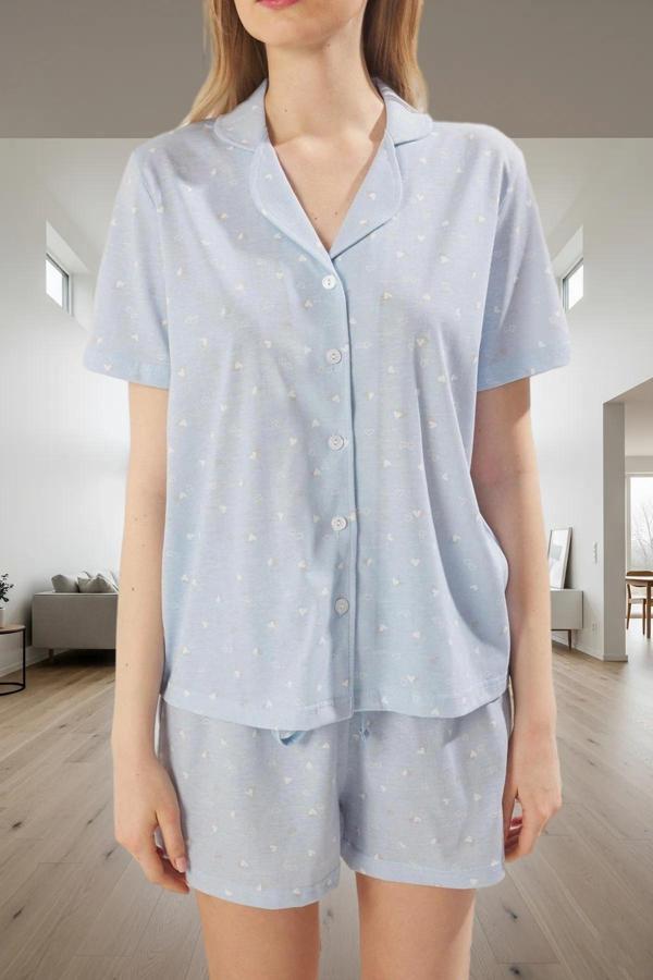 Kadın Rahat Yazlık Kalpli Pijama Takımı Örme Kumaş Regular Kalıp Kısa Kol Şık Görünüm - Image 1