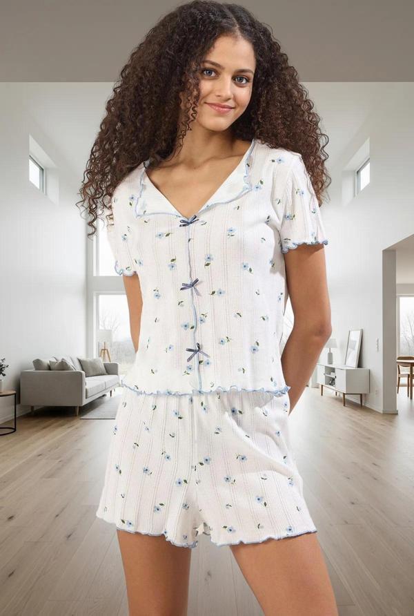 Kadın Yazlık %100 Pamuklu Çiçekli Pijama Takımı Seçkin Malzeme Modern Stil Şık Görünüm Özel Tasarım - Image 1