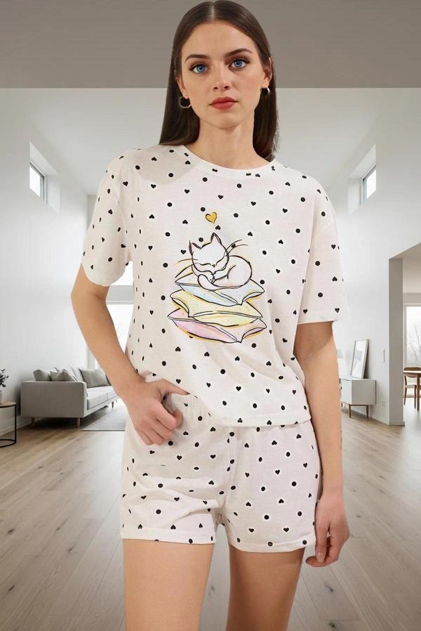 Kadın Pamuklu Kedi Baskılı Kısa Kol Pijama Takımı Yüksek Kalite Kaliteli İşçilik Özel Tasarım - Image 1