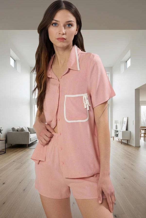 Kadın Viskoz Dokuma Pijama Takımı Şortlu Kısa Kollu Regular Kalıp Ev Giyim Profesyonel Görünüm - Image 1