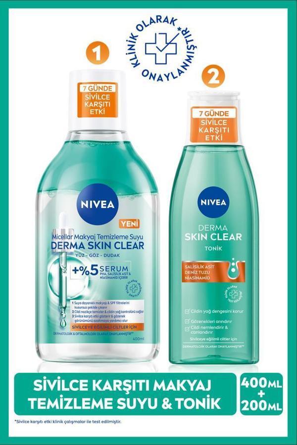 Derma Skin Clear Sivilce Karşıtı Tonik 200ml ve Micellar Makyaj Temizleme Suyu 400ml, Niasinamid, PH - Image 1