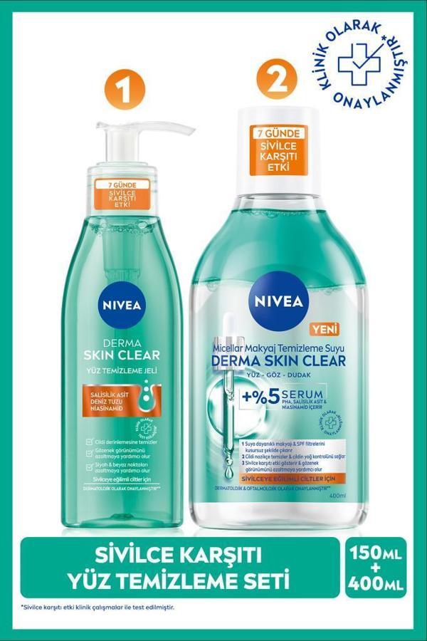 Derma Skin Clear Sivilce Karşıtı Yüz Temizleme Jeli 150ml ve Micellar Makyaj Temizleme Suyu 400ml - Image 1