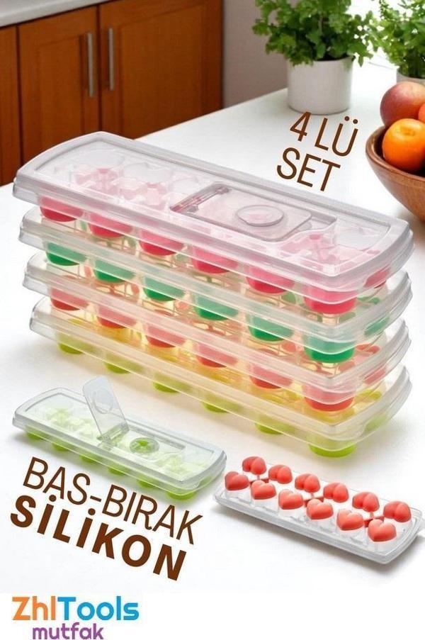 Zhltools Buz Kalıbı - Bas-Bırak Kapaklı Silikon Buz Kalıbı 4 lü SET - Image 1
