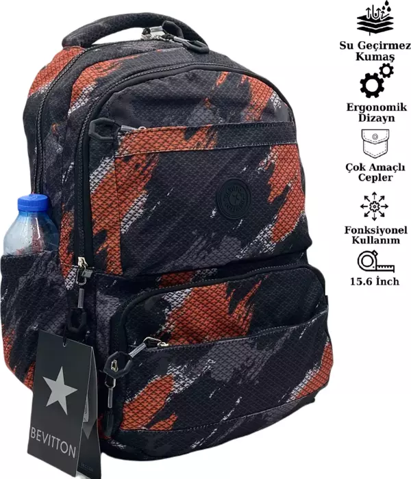 Saten Su Geçirmez Kumaş Unisex Siyah Turuncu Desenli Okul Sırt Çantası - Image 1