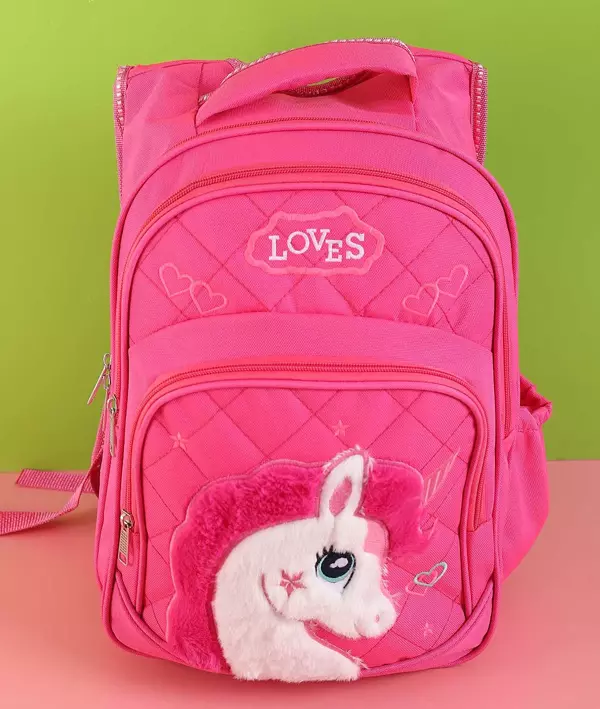 Pembe Peluş Kabartma Desenli Beslenme Çantalı İkili Sırt Çantası Seti  - Image 1