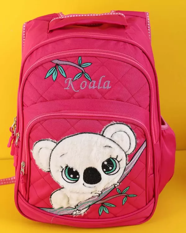 Fuşya Peluş Kabartma Desenli Beslenme Çantalı İkili Sırt Çantası Seti - Image 1