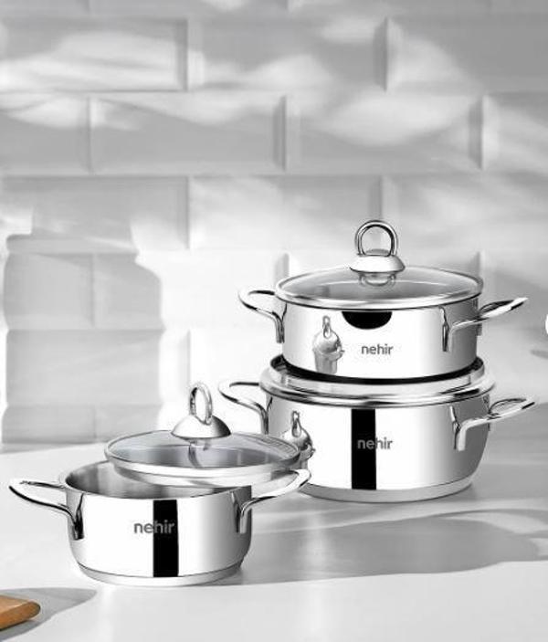 Nehir Silver Çelik 6 Parça Tabanlı Mini Tencere Seti - Image 1
