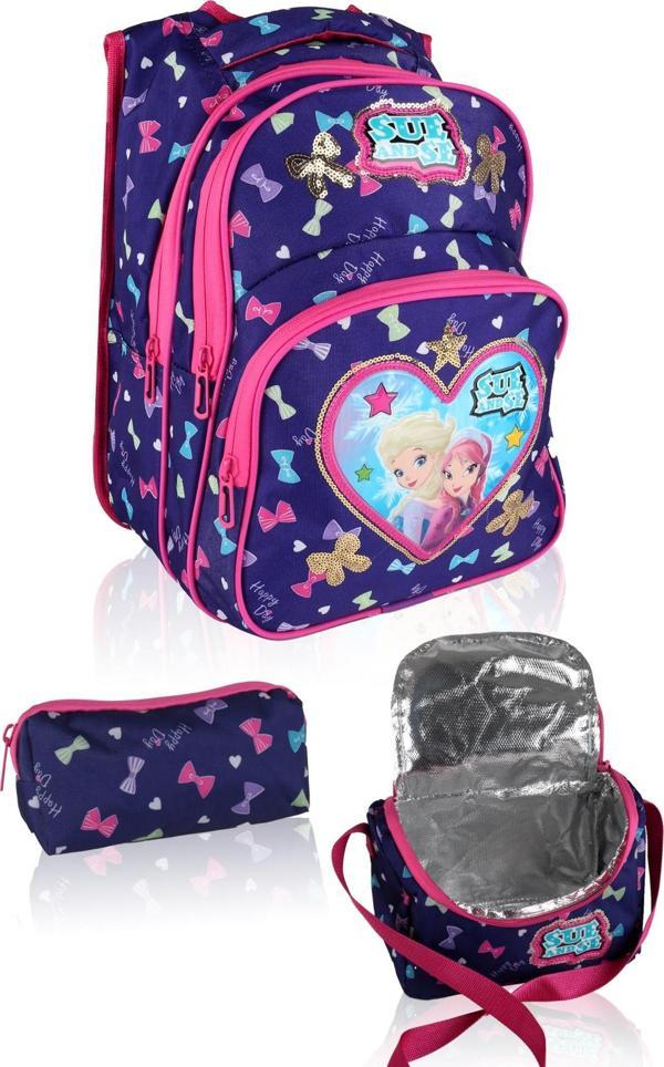 Lugmo 3 Lü İlkokul Çanta Seti Kız Çocuk Çantası Astarlı Love Sue Mor-Pembe - Image 1