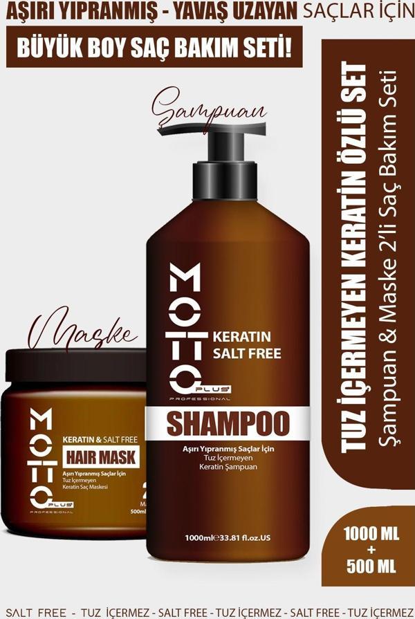 Motto Plus Professional Yavaş Uzayan - Aşırı Yıpranmış Saçlar İçin Tuzsuz Keratinli 2'li Saç Bakım Seti (Şampuan - Maske - Image 1
