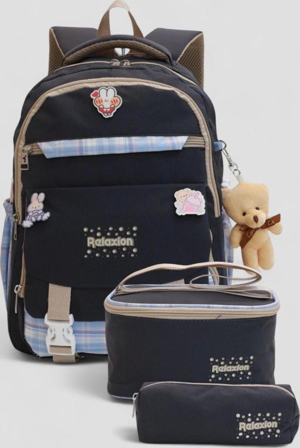 Relaxion 1396 Kore Tarzı Unisex Çocuk Üçlü Set İlkokul Sırt Çantası - NKT02206-siyah-mor-TEKEBAT - Image 1
