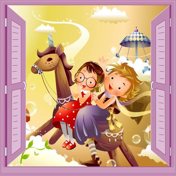 Çocuk Odası Bebek Odası Pencere Poster Duvar Kağıdı At Kız - Image 1