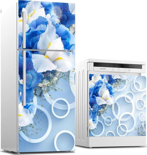 Buzdolabı ve Bulaşık Makinası Beyaz Eşya Sticker Kaplama 3D Mavi Çiçek - Image 1