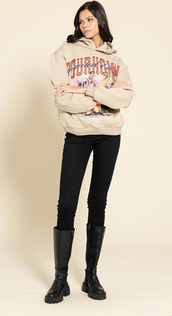 Oversize Kapişonlu Baskılı Taş Sweatshirt - Image 1