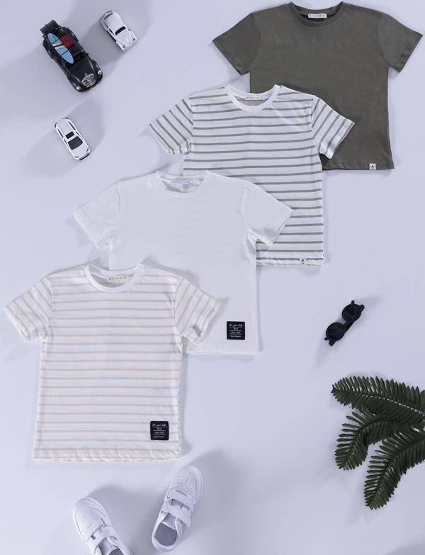 4'lü  Etiket Detaylı Cizgili Taş Yeşil Tshirt - Image 1