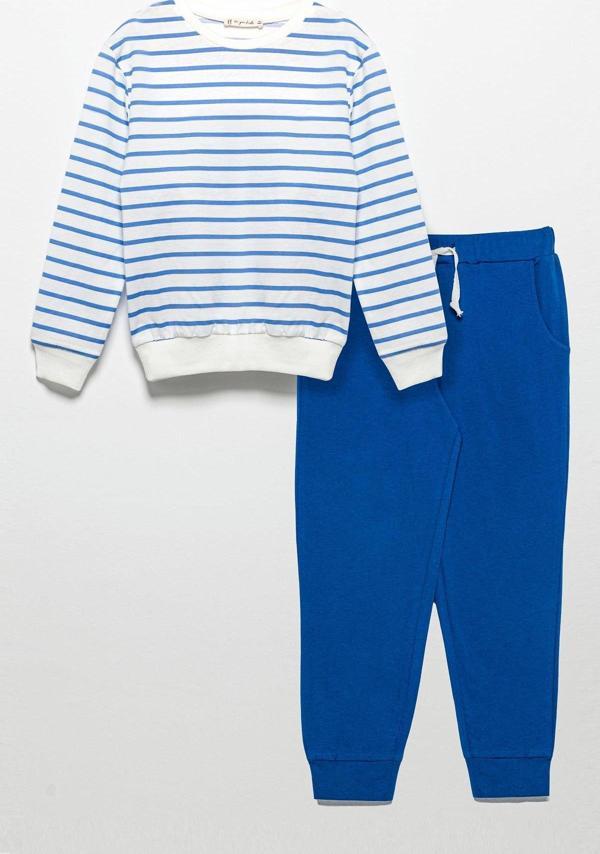 Çizgili Sweatshirt Jogger Saks Alt Üst Takım - Image 1