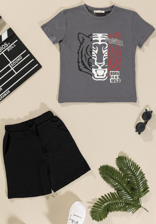Kaplan Baskılı Tshirt Şort Antrasit Takım - Image 1