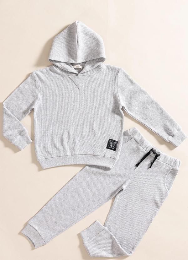 2'li Kapişonlu Açık Gri Waffle Sweat Jogger Alt Üst Takım - Image 1