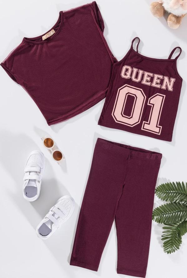 3'lü Queen Baskılı Tshirt Atlet Tayt Bordo Takım - Image 1