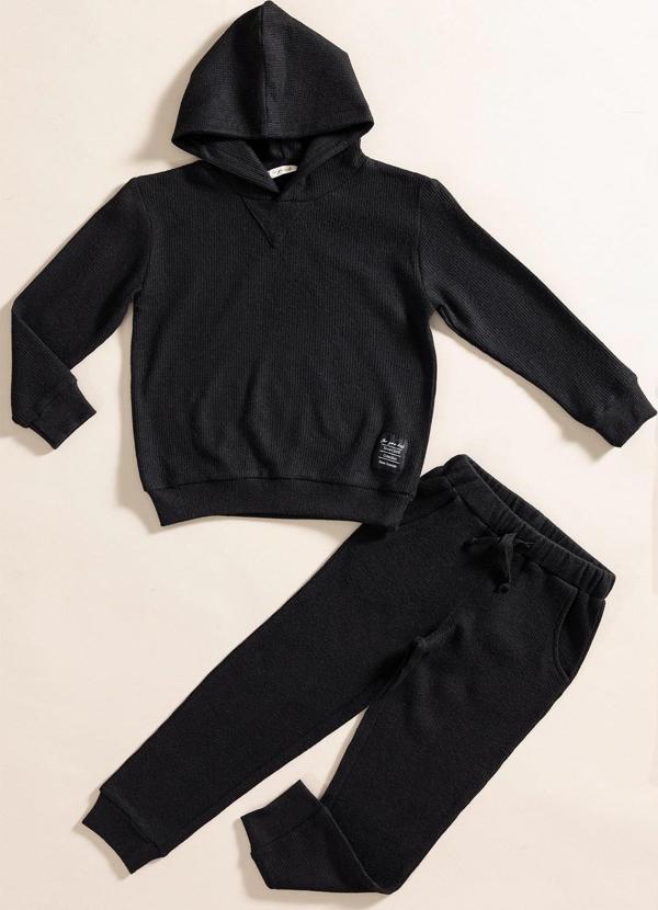 2'li Kapişonlu Siyah Waffle Sweat Jogger Alt Üst Takım - Image 1