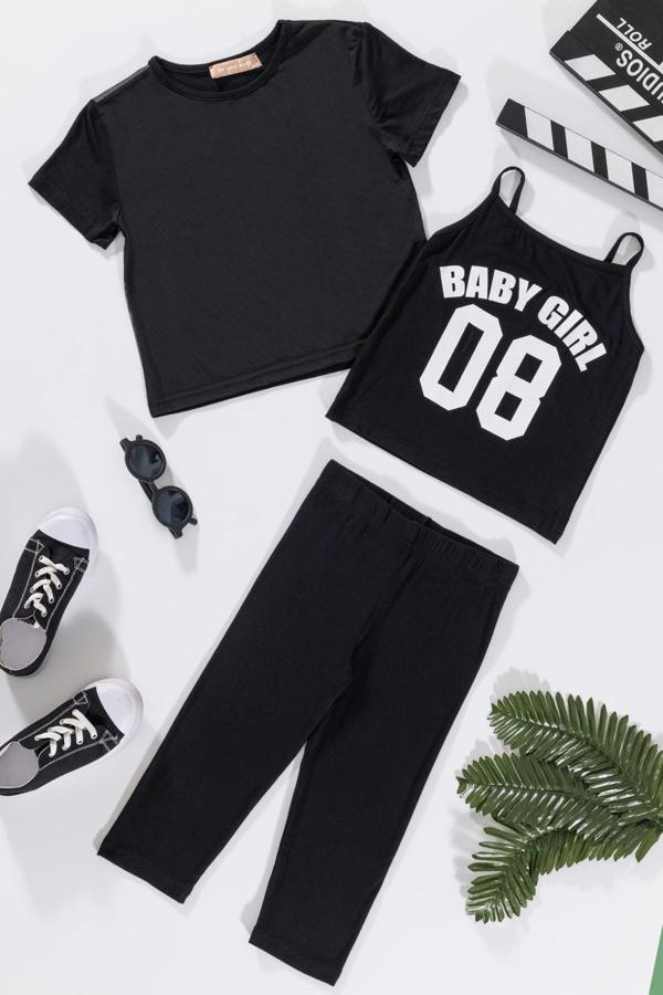 3'lü Baby Girl Baskılı Tshirt Atlet Tayt Siyah Takım - Image 1