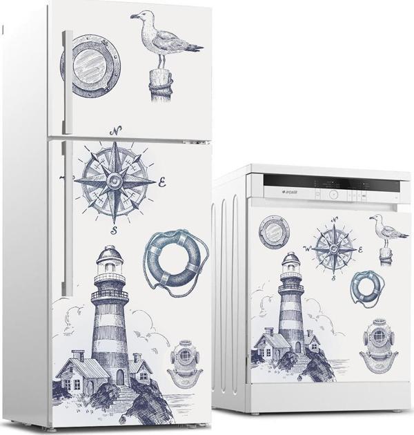 Buzdolabı ve Bulaşık Makinası Beyaz Eşya Sticker Kaplama Deniz Feneri Pusula - Image 1