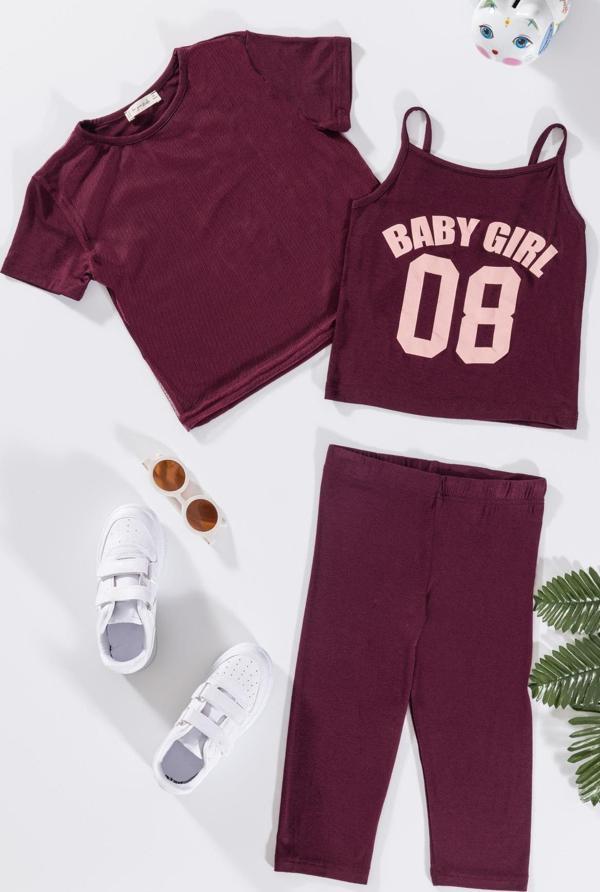 3'lü Baby Girl Baskılı Tshirt Atlet Tayt Bordo Takım - Image 1