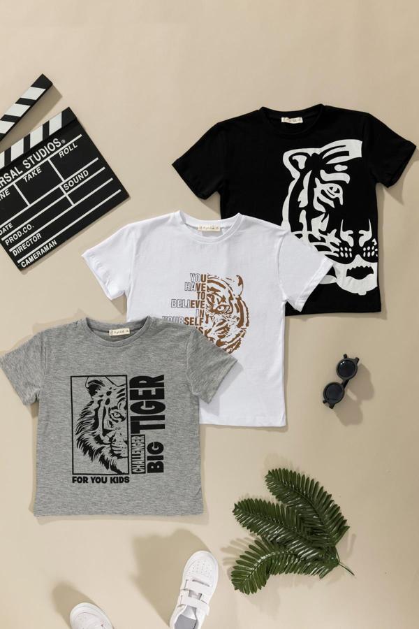 3'lü Kaplan Baskılı Siyah Beyaz Gri Tshirt - Image 1