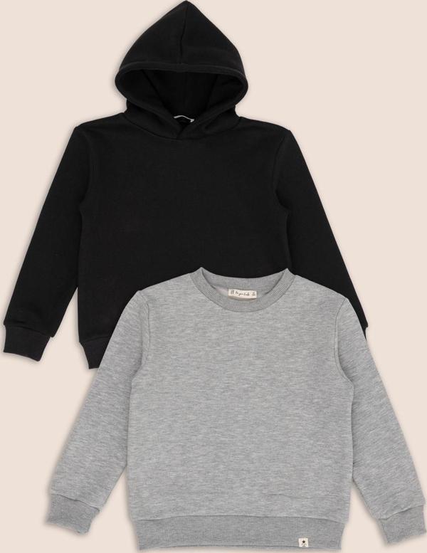 2'li Siyah Kapişonlu Gri Bisiklet Yaka Erkek Çocuk Sweatshirt - Image 1