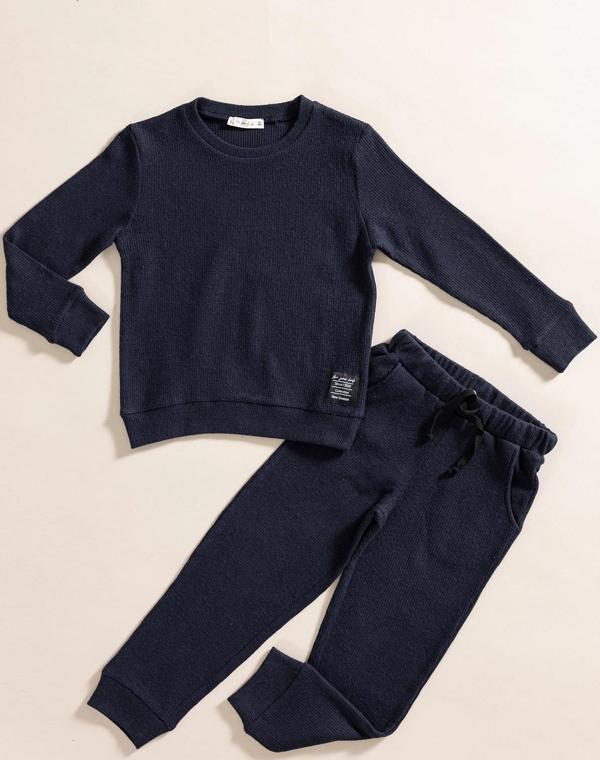 2'li Pamuk Waffle Sweat Jogger Lacivert Alt Üst Takım  - Image 1