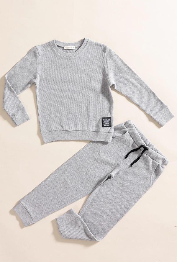 2'li Pamuk Waffle Sweat Jogger Koyu Gri Alt Üst Takım  - Image 1