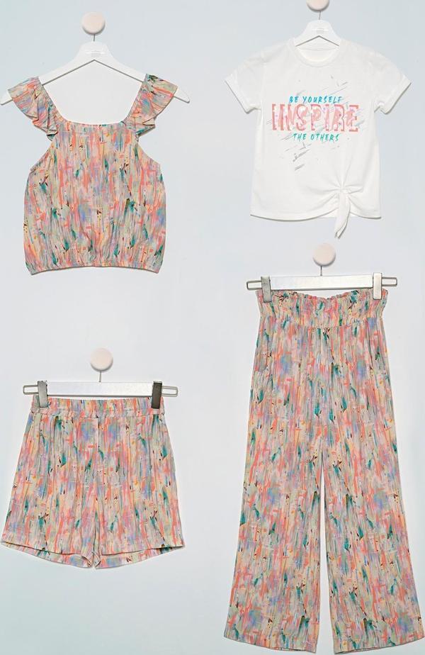 4'lü Desenli Bluz Tshirt Pantolon Şort Ekru Takım - Image 1
