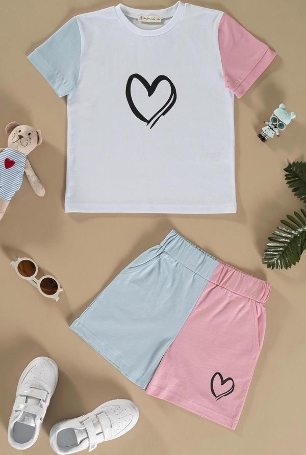 Kalp Baskılı Pembe Tshirt Şort Takım - Image 1