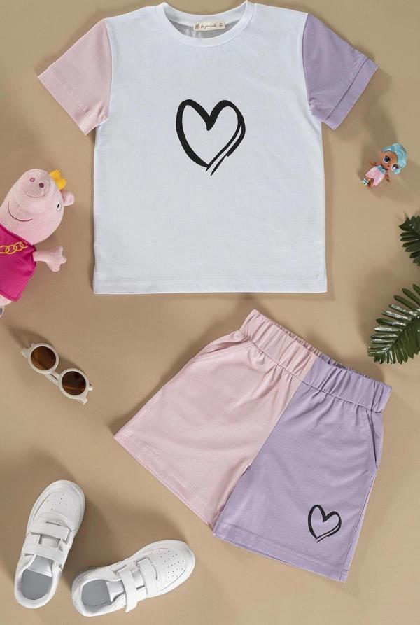 Kalp Baskılı Lila Tshirt Şort Takım - Image 1