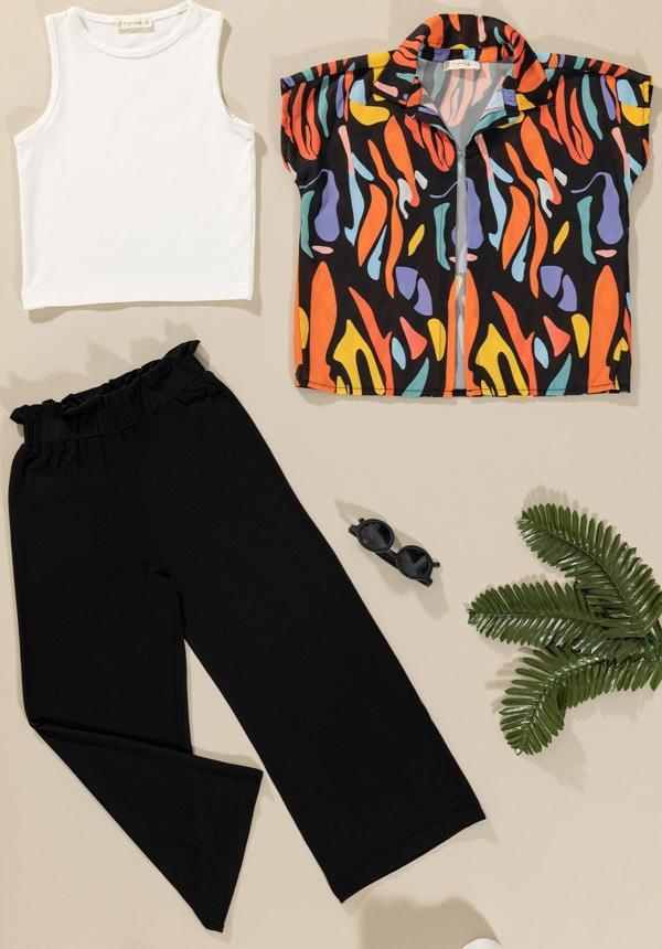 3'lü Baskılı Gömlek Tshirt Pantolon Siyah Takım - Image 1