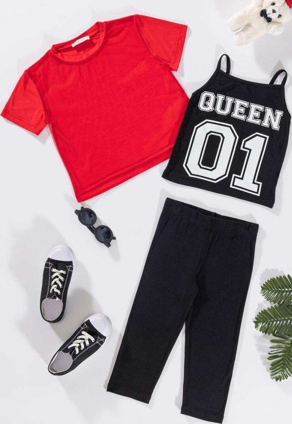3'lü Queen Baskılı Tshirt Atlet Tayt Siyah Takım - Image 1