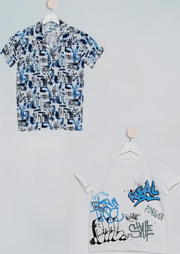 2'li Asimetrik Baskılı Gömlek Tshirt Saks Takım - Image 1