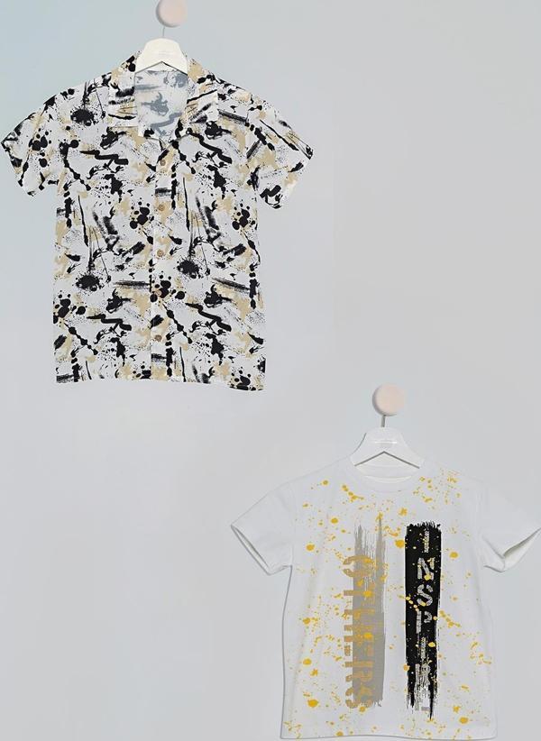 2'li Siyah Kahve Baskılı Gömlek Tshirt Takım - Image 1