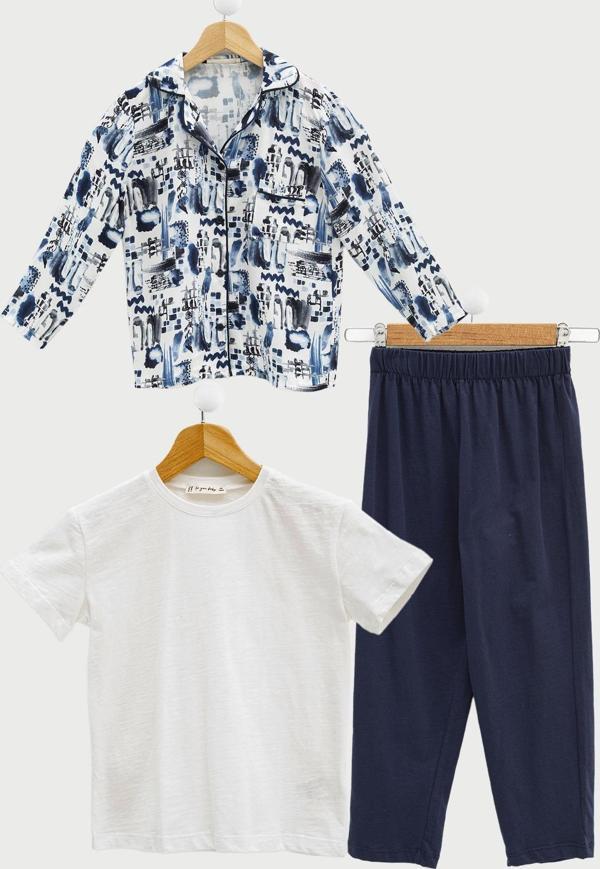 3'lü Ara Biyeli Tshirt Pantolon Ekru Pijama Takımı  - Image 1