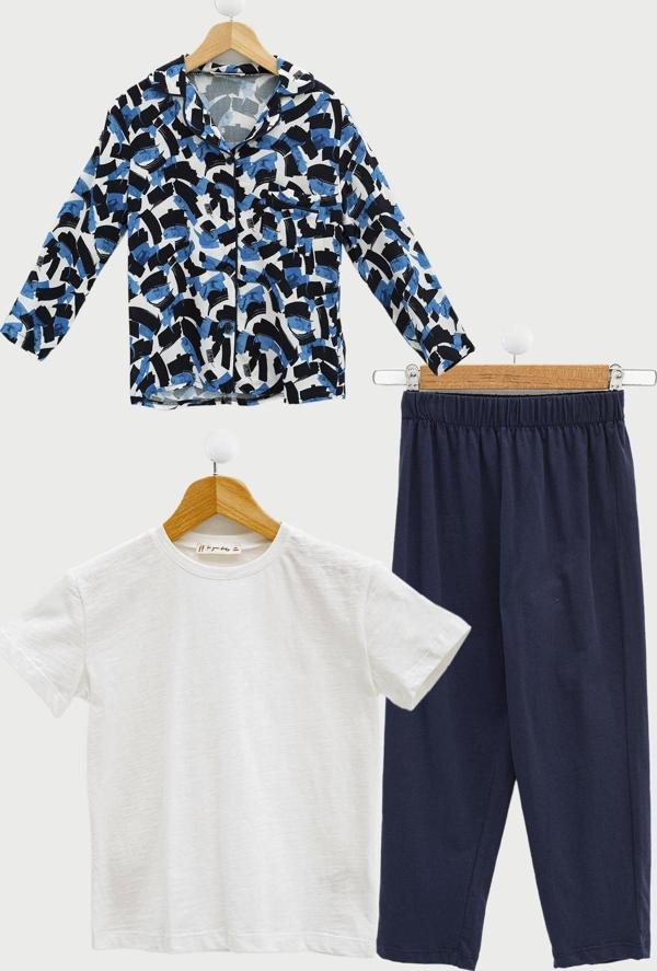 3'lü Ara Biyeli Tshirt Pantolon Lacivert Pijama Takımı - Image 1