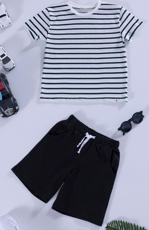 Çizgili Tshirt Şort Siyah Takım - Image 1