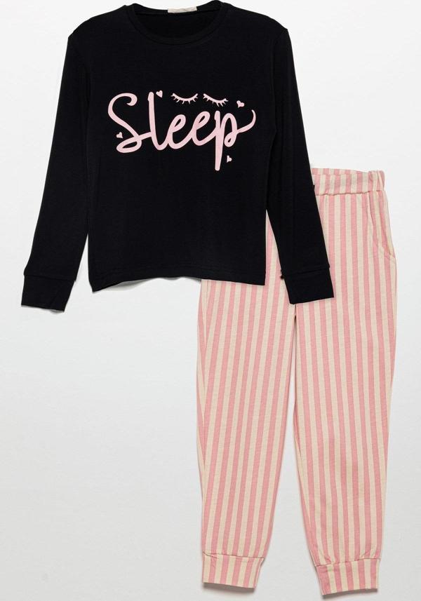 Sleep Baskılı Doğal Viskon Siyah Pijama Takımı - Image 1
