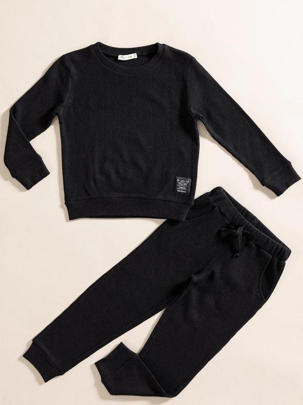 2'li Pamuk Waffle Sweat Jogger Siyah Alt Üst Takım - Image 1