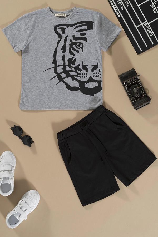 Kaplan Baskılı Siyah Tshirt Şort Takım - Image 1