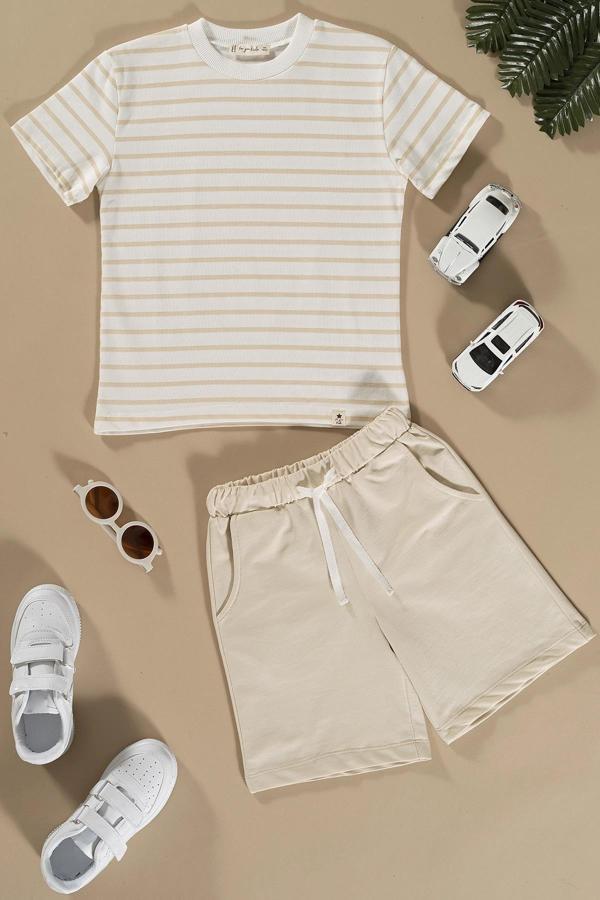 Çizgili Taş Tshirt Şort Takım - Image 1