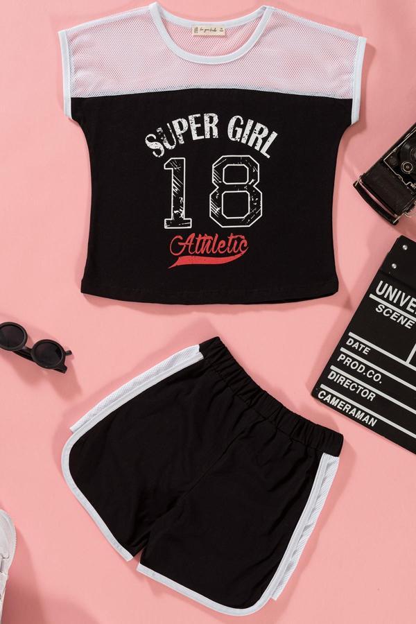 File Detaylı Baskılı Siyah Tshirt Şort Takım - Image 1