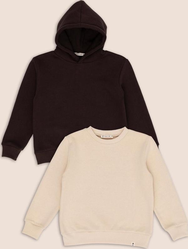 2'li Kahve Kapişonlu Bej Bisiklet Yaka Erkek Çocuk Sweatshirt Set - Image 1