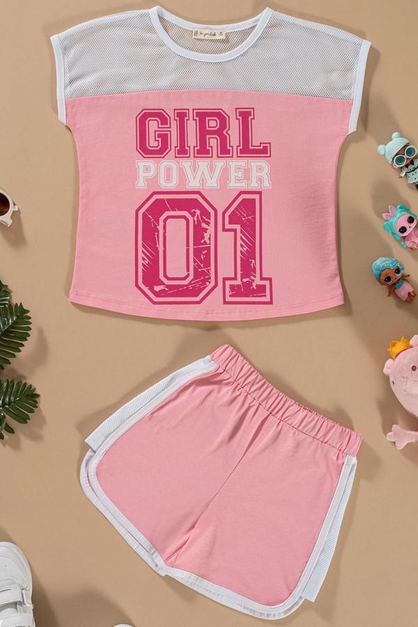 File Detaylı Baskılı Pembe Tshirt Şort Takım - Image 1